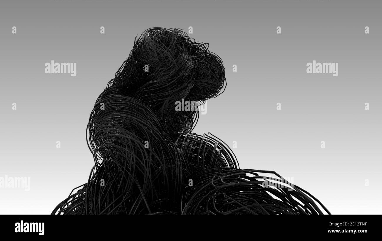 Cavi in fibra ottica scura, fili intrecciati multipli o cavi ultrarealistici isolati su sfondo grigio chiaro, concetto tecnologico e industriale, 4k Hi Foto Stock