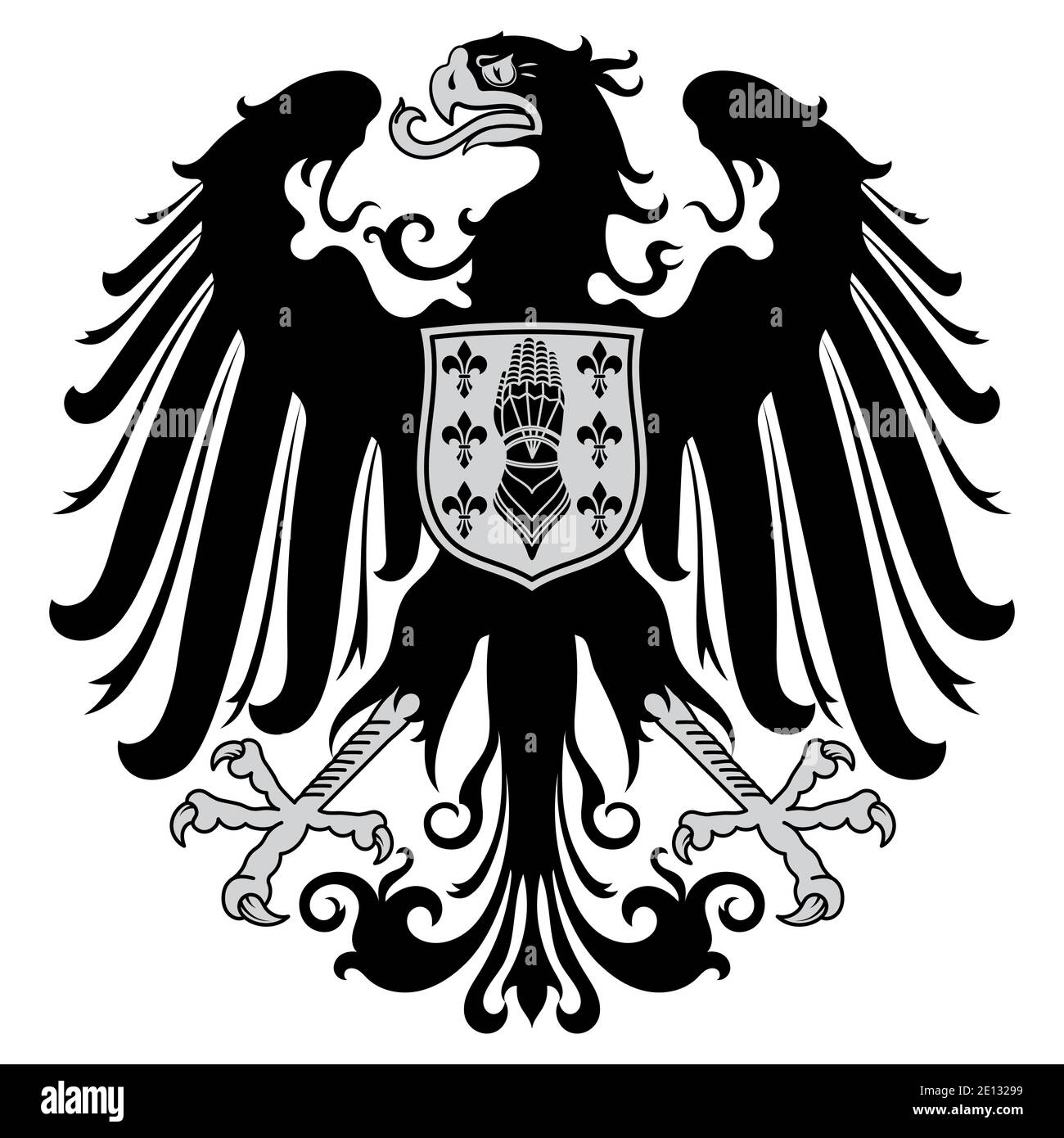 Emblema araldico medievale, aquila araldica e cavalieri scudo Illustrazione Vettoriale
