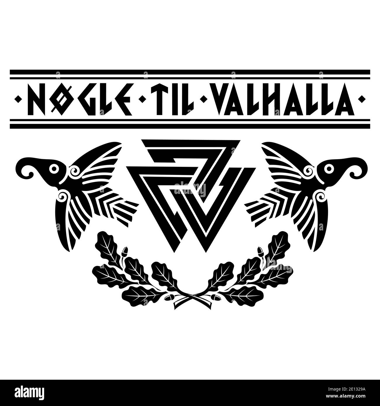 Valknut antico simbolo pagano nordico germanico, antiche rune scandinave, slogan vichingo - le chiavi di Valhalla, foglie di quercia e due corvi Illustrazione Vettoriale