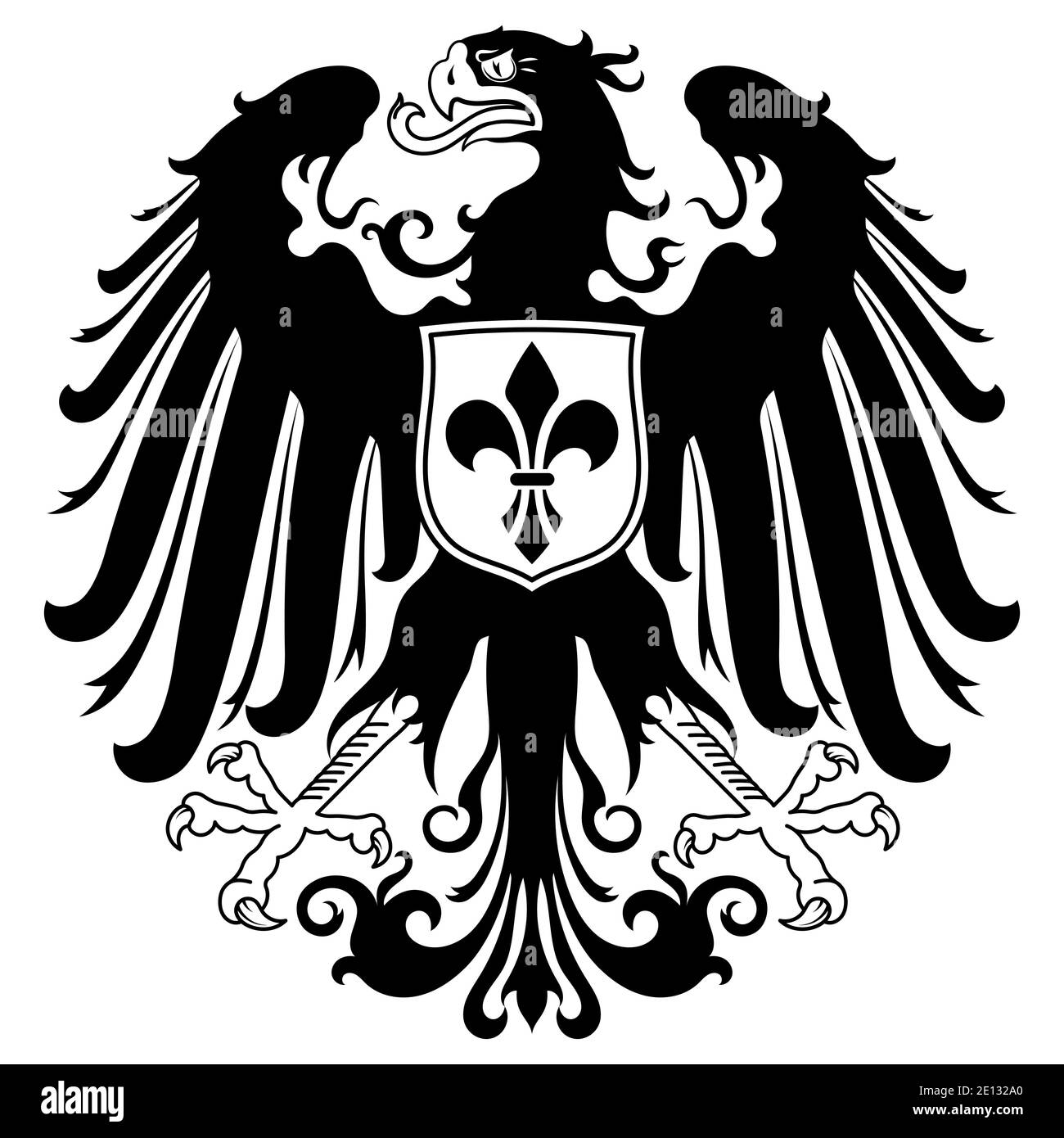Emblema araldico medievale, aquila araldica e cavalieri scudo Illustrazione Vettoriale