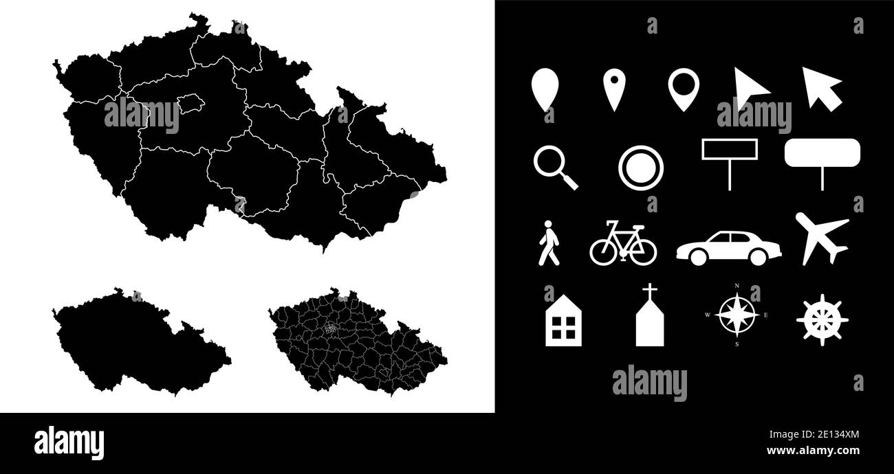 Mappa dei dipartimenti delle regioni amministrative della Repubblica Ceca con icone. Mappa posizione pin, freccia, vetro, cartello, uomo, bicicletta, auto, aereo, h Illustrazione Vettoriale