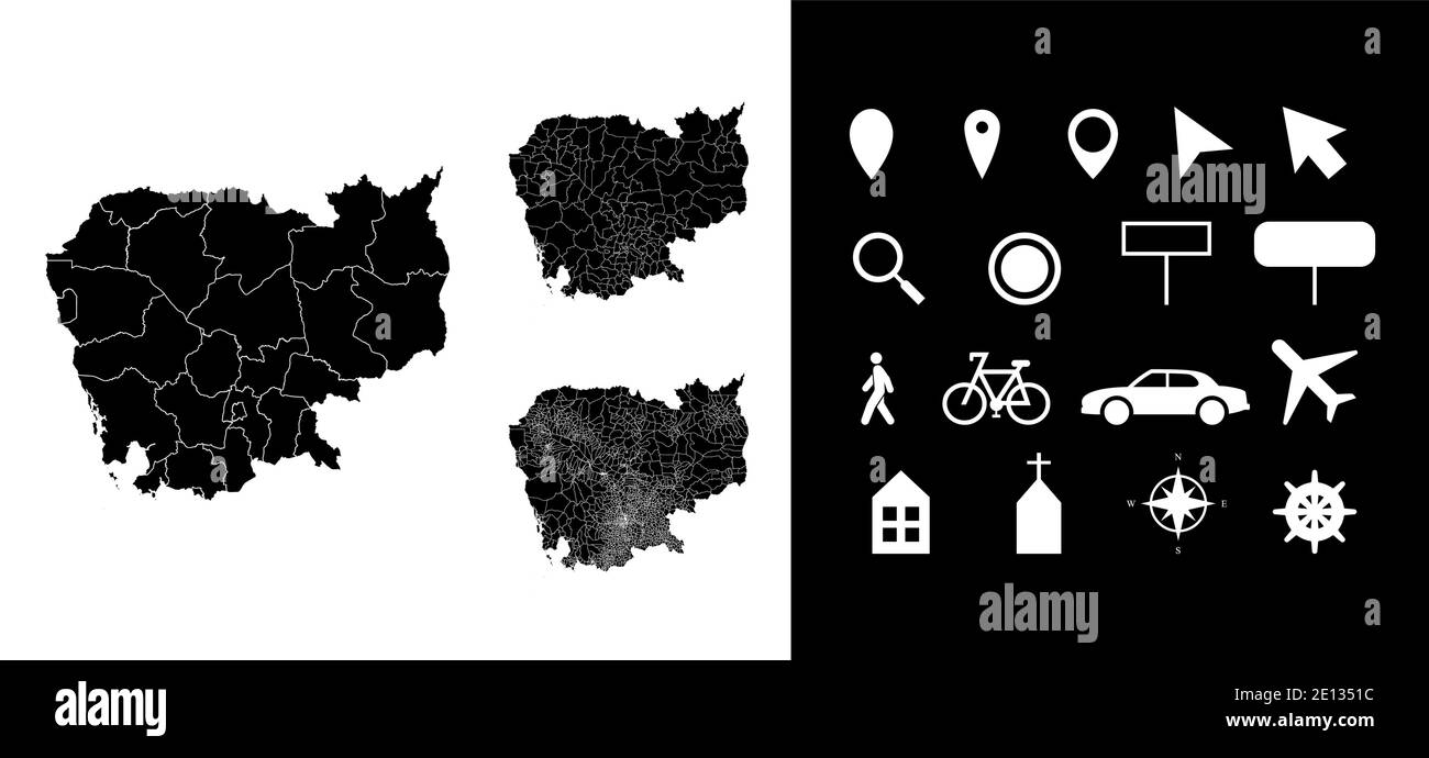 Mappa dei dipartimenti delle regioni amministrative della Cambogia con icone. Mappa posizione pin, freccia, vetro, cartello, uomo, bicicletta, auto, aereo, casa, Illustrazione Vettoriale