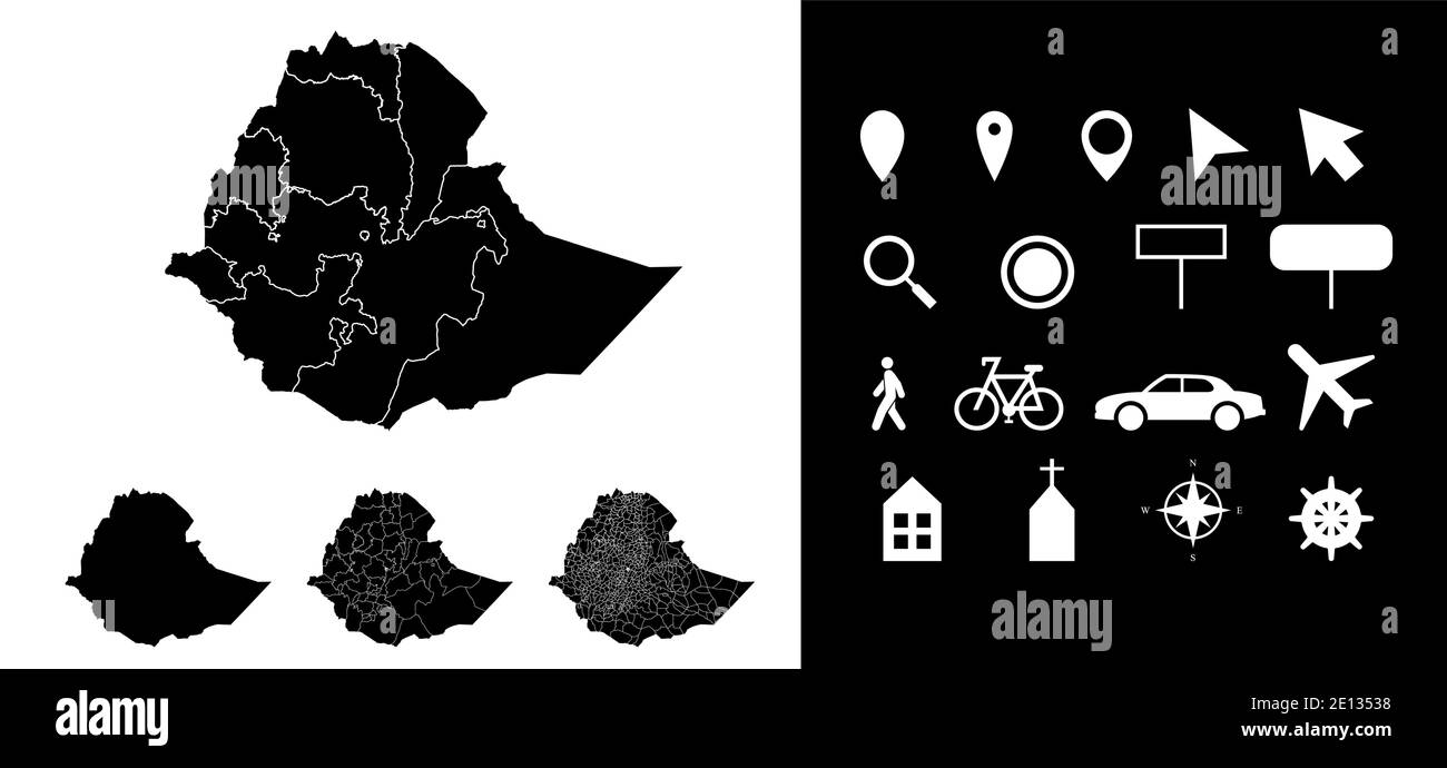 Mappa dei dipartimenti delle regioni amministrative dell'Etiopia con icone. Mappa posizione pin, freccia, vetro, cartello, uomo, bicicletta, auto, aereo, casa. Illustrazione Vettoriale
