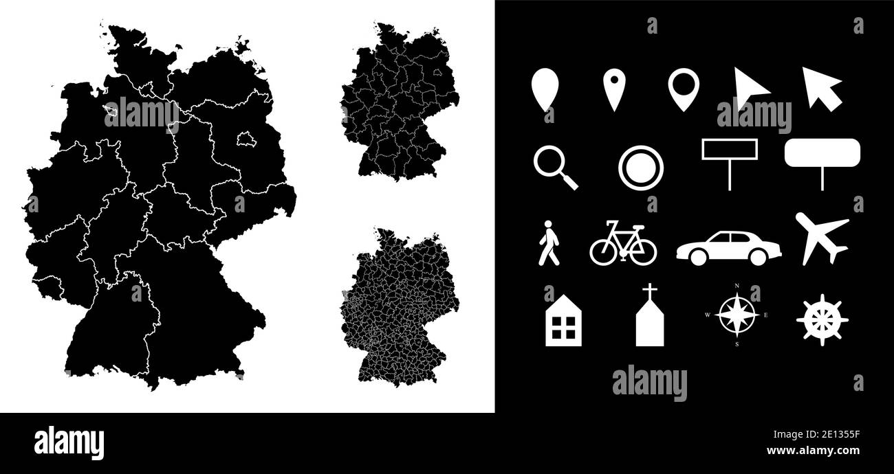 Mappa dei dipartimenti delle regioni amministrative tedesche con icone. Mappa posizione pin, freccia, vetro, cartello, uomo, bicicletta, auto, aereo, casa. R Illustrazione Vettoriale