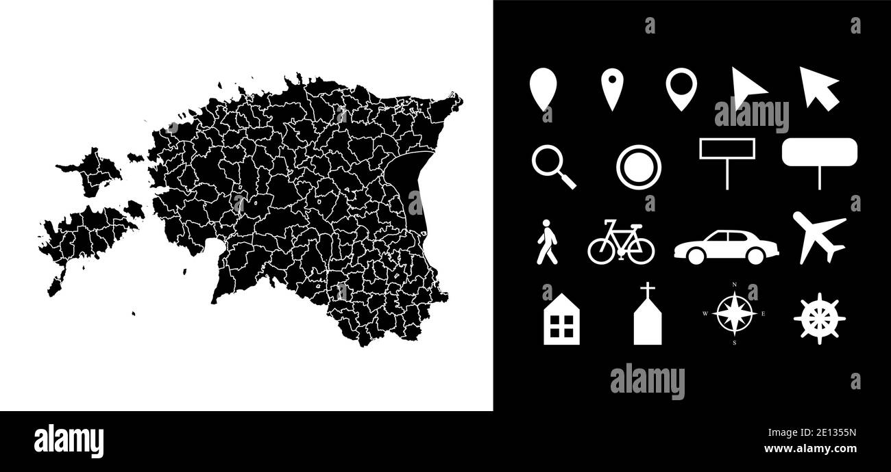 Mappa dei dipartimenti delle regioni amministrative dell'Estonia con icone. Mappa posizione pin, freccia, vetro, cartello, uomo, bicicletta, auto, aereo, casa. R Illustrazione Vettoriale