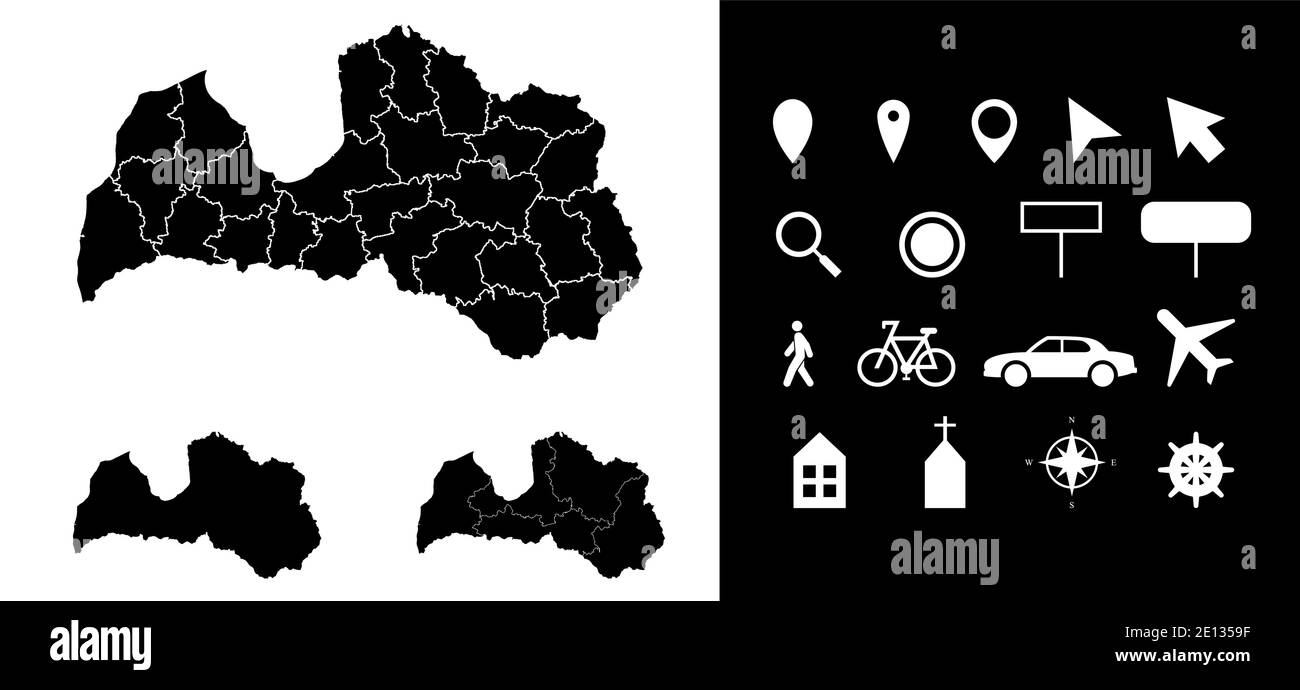 Mappa dei dipartimenti delle regioni amministrative lettoni con icone. Mappa posizione pin, freccia, vetro, cartello, uomo, bicicletta, auto, aereo, casa. RO Illustrazione Vettoriale