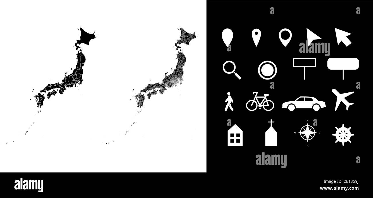 Mappa dei dipartimenti delle regioni amministrative giapponesi con icone. Mappa posizione pin, freccia, vetro, cartello, uomo, bicicletta, auto, aereo, casa. Roy Illustrazione Vettoriale