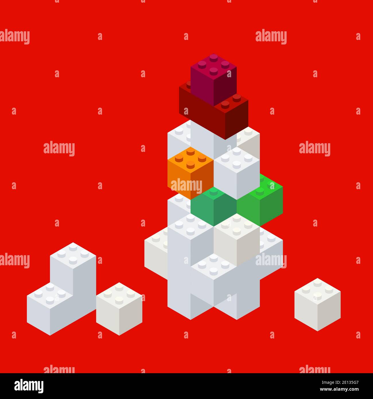 Pupazzo di neve isometrico assemblato da un set di costruzione per bambini. Giocattolo volumetrico. Sfondo per le feste di Natale. Illustrazione vettoriale per la stampa Illustrazione Vettoriale