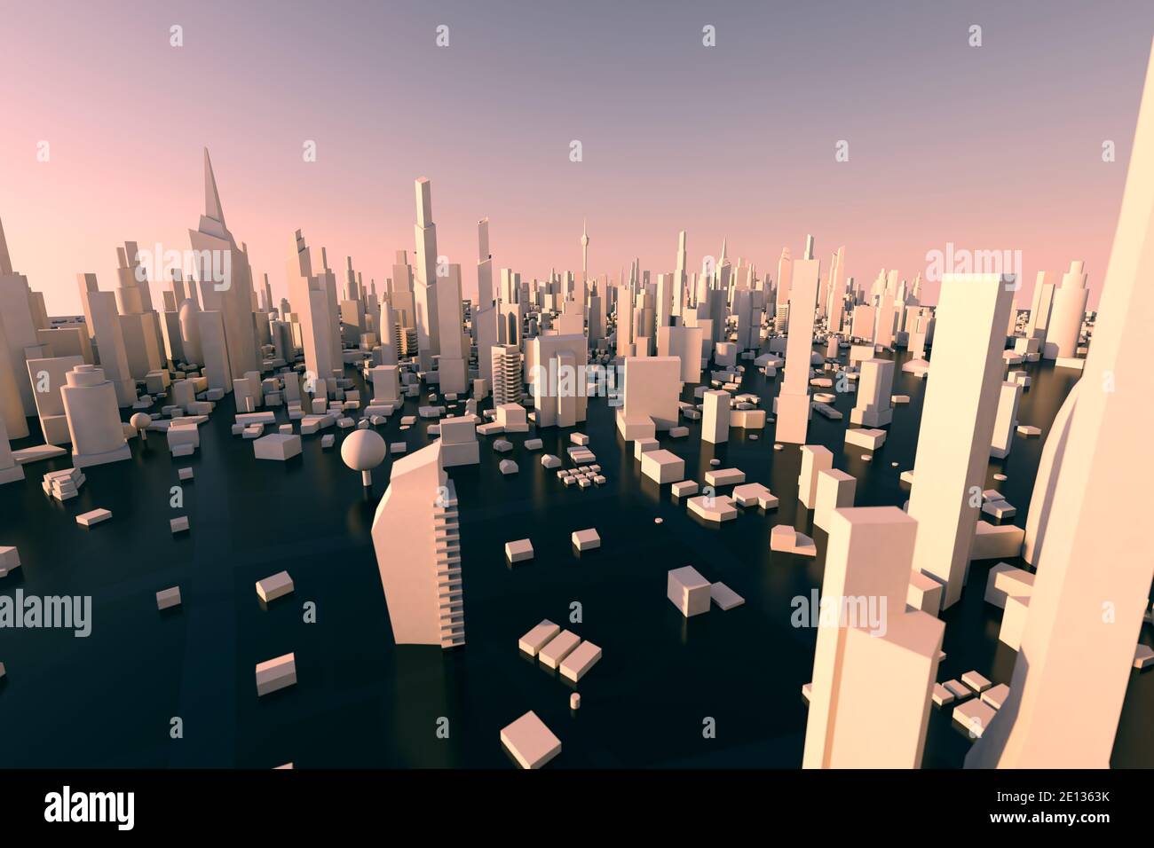 3D rendering di città bianca, paesaggio urbano con casa e strada con effetto di profondità di campo poco profonda Foto Stock