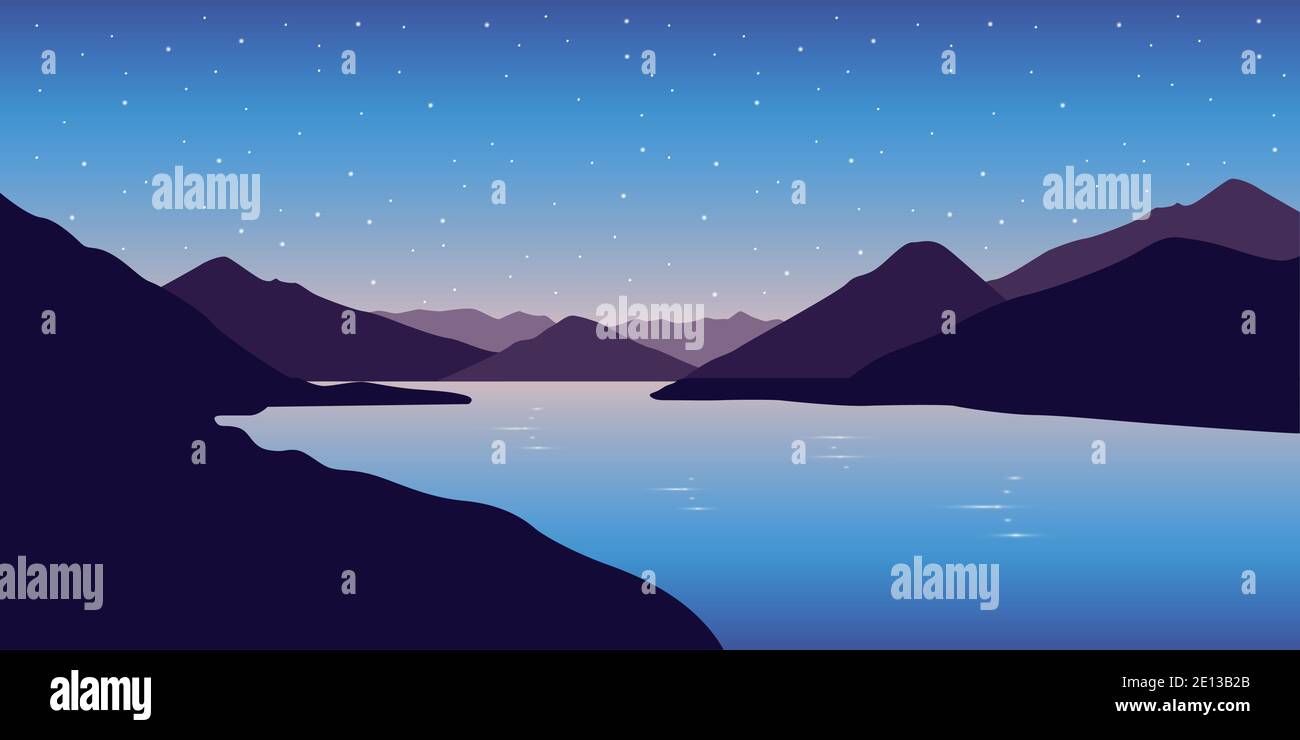 Tranquillo grande fiume natura paesaggio di notte vettore illustrazione EPS10 Illustrazione Vettoriale