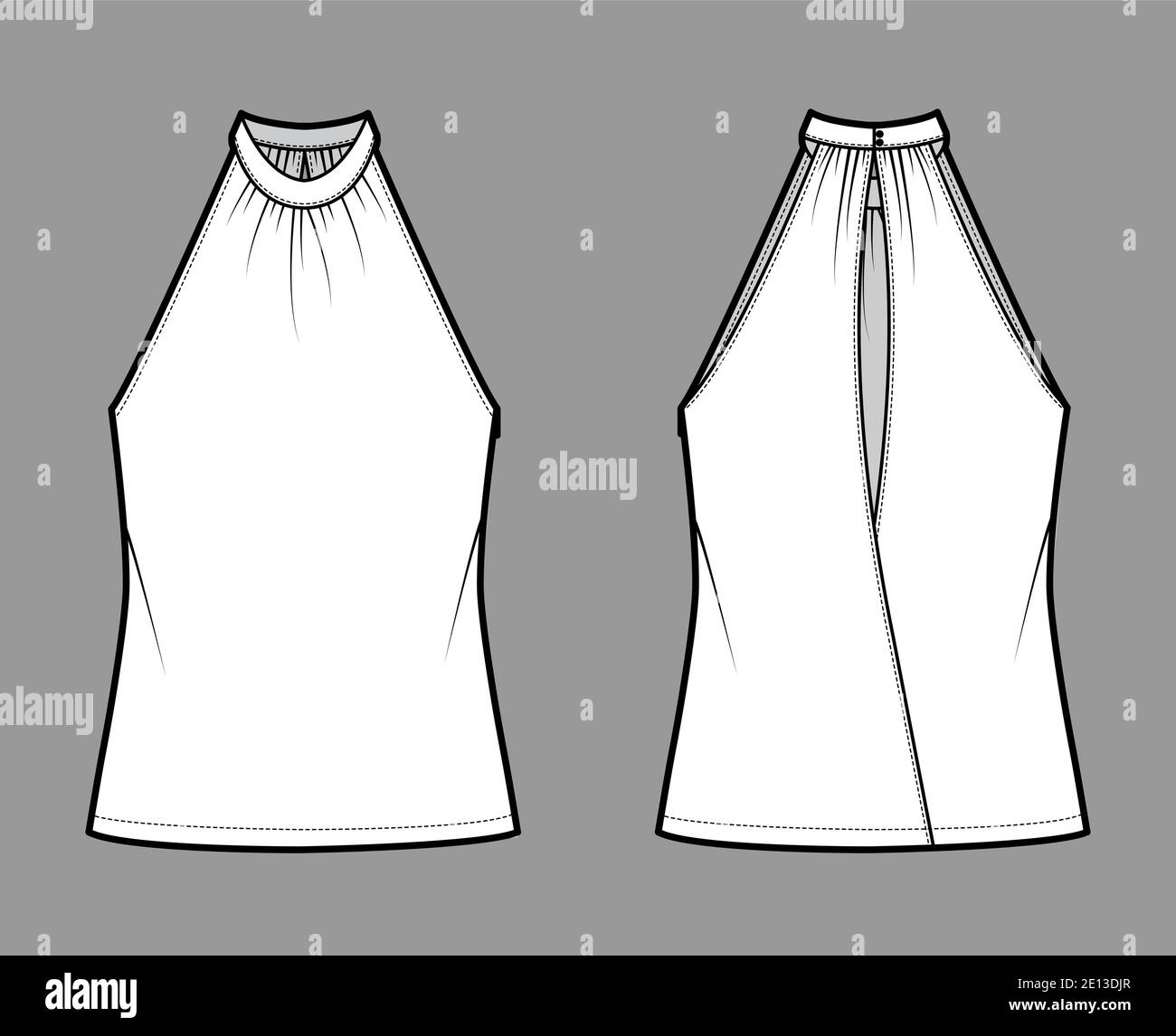 Top bended high neck halter serbatoio tecnico moda illustrazione con avvolgimento, oversize, lunghezza tunic. Outwear di abbigliamento piatto davanti, dietro, colore bianco. Donne uomini Unisex CAD mockup Illustrazione Vettoriale