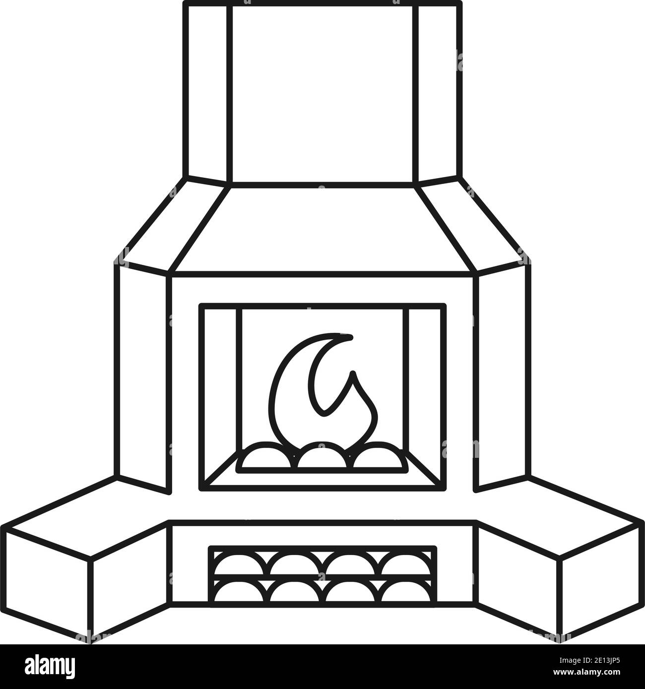 Line art bianco e nero fuoco posto. Caminetto a casa per le vacanze invernali. Illustrazione vettoriale del tema di Natale per poster, etichetta, carta regalo, colore Illustrazione Vettoriale