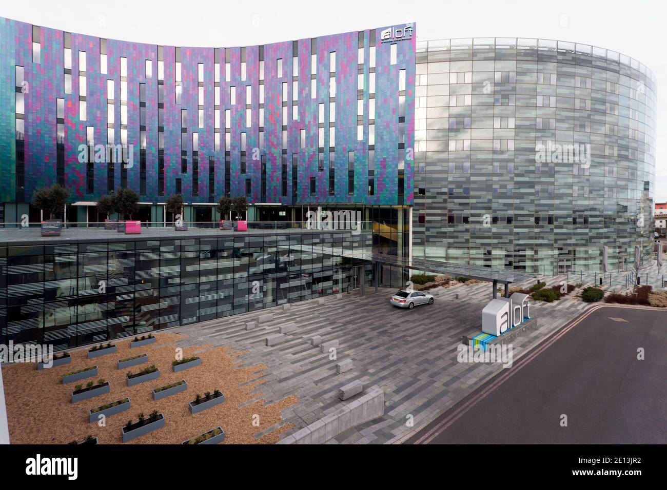 Vista grandangolare dell'Aloft Hotel, Excel, London, Docklands Foto Stock