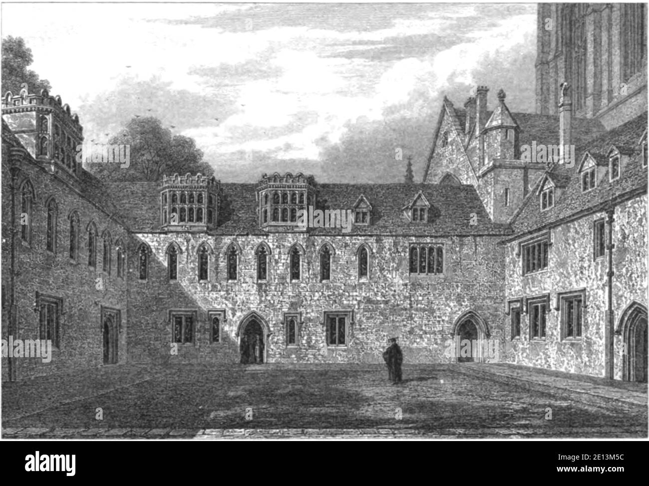 The Library and Merton College, Oxford, di John le Keux 1837 vecchia stampa antica Foto Stock