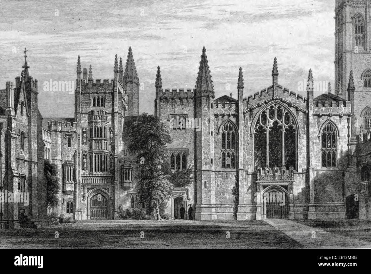 Il fronte ovest del Magdalen College, Oxford, di John le Keux 1837 vecchia stampa. Foto Stock