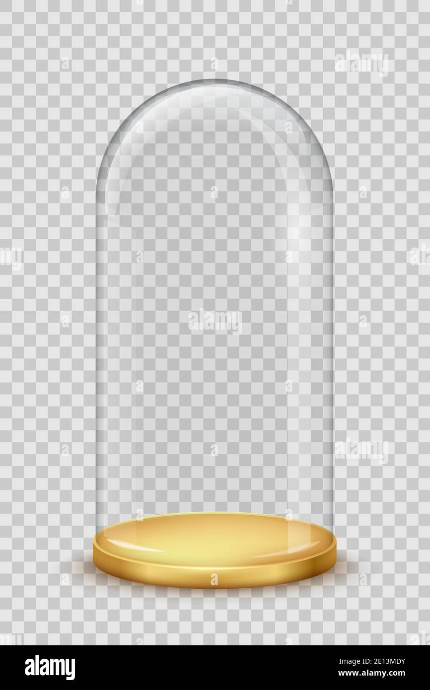 Cupola in vetro su sfondo trasparente. Custodia in cristallo con vassoio dorato rotondo con illustrazione vettoriale. Vuoto realistico contenitore di Natale, esposizione o showcas Illustrazione Vettoriale