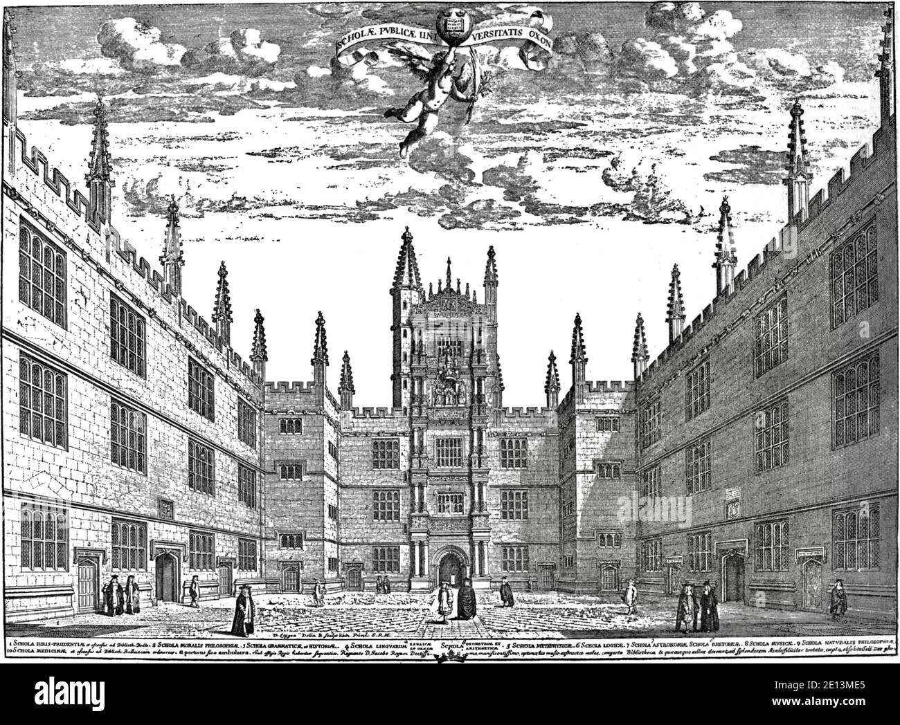 Il cortile della Bodleian Library presso l'Università di Oxford by David Loggan dal 1675. Foto Stock