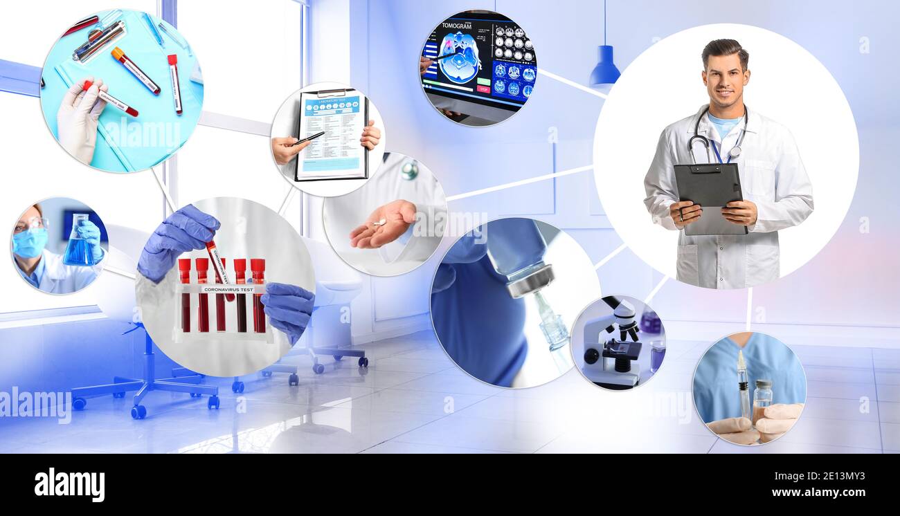 Collage di diversi servizi medici. Tecnologie innovative in medicina Foto Stock