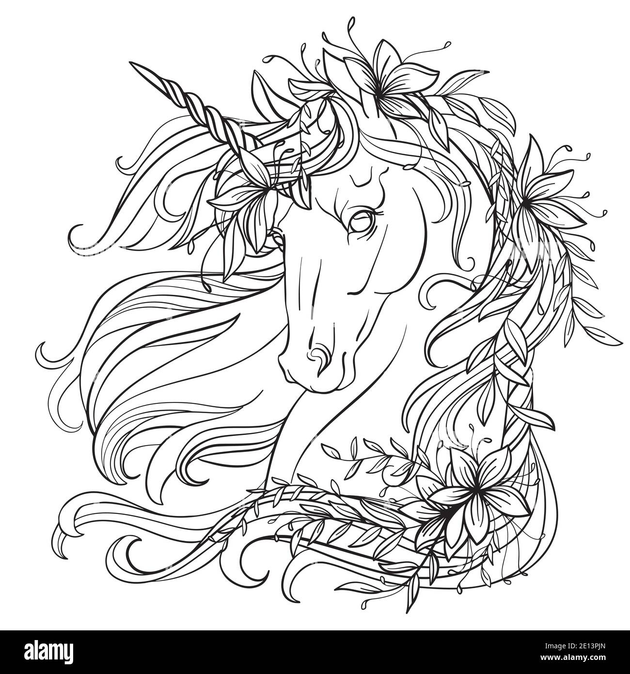 Disegno unicorno isolato con fiori nella sua lunga manne. Modello a groviglio per libro da colorare, tatuaggio, t-shirt, logo, segno. Illustratio stilizzato Illustrazione Vettoriale