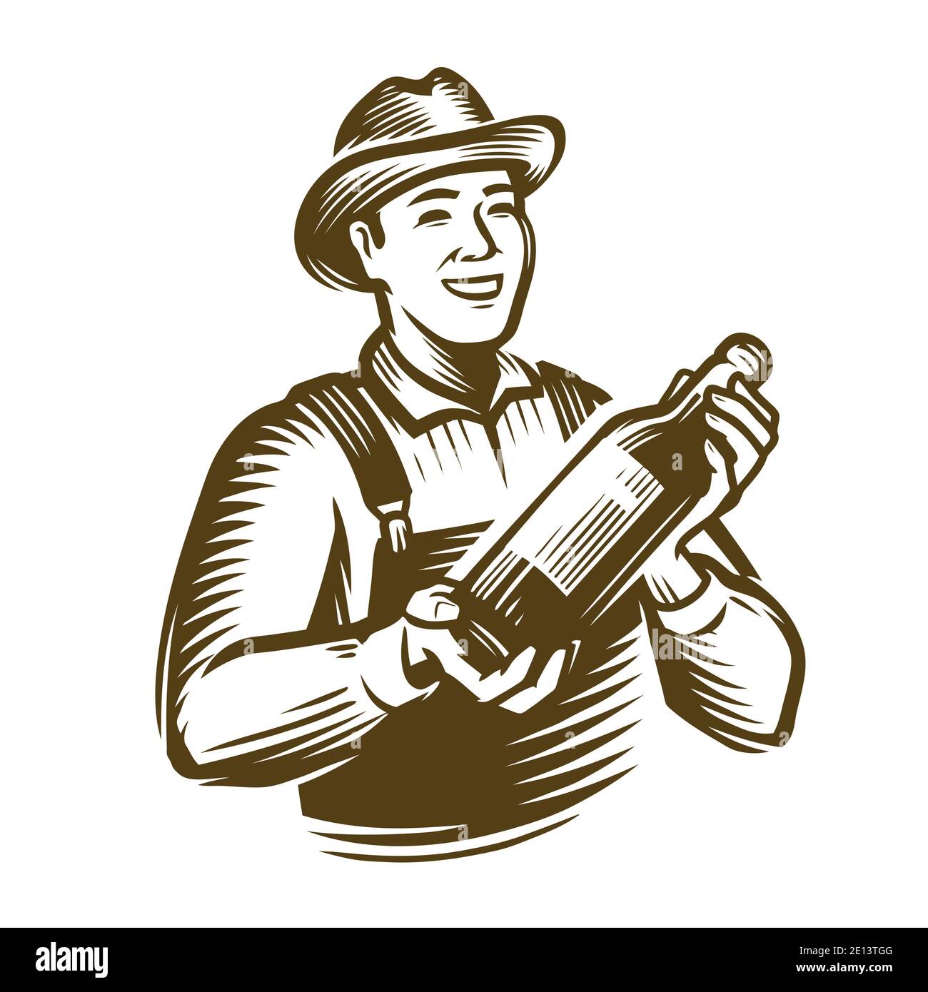 Agricoltore con una bottiglia in mano. Disegnare un'illustrazione vettoriale vintage Illustrazione Vettoriale