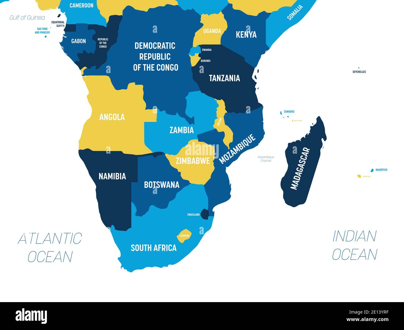 Mappa del Sud Africa - marrone tonalità arancio colorato su sfondo scuro. Mappa politica dettagliata della regione dell'africa meridionale con etichettatura dei nomi di paesi, oceani e mari. Illustrazione Vettoriale