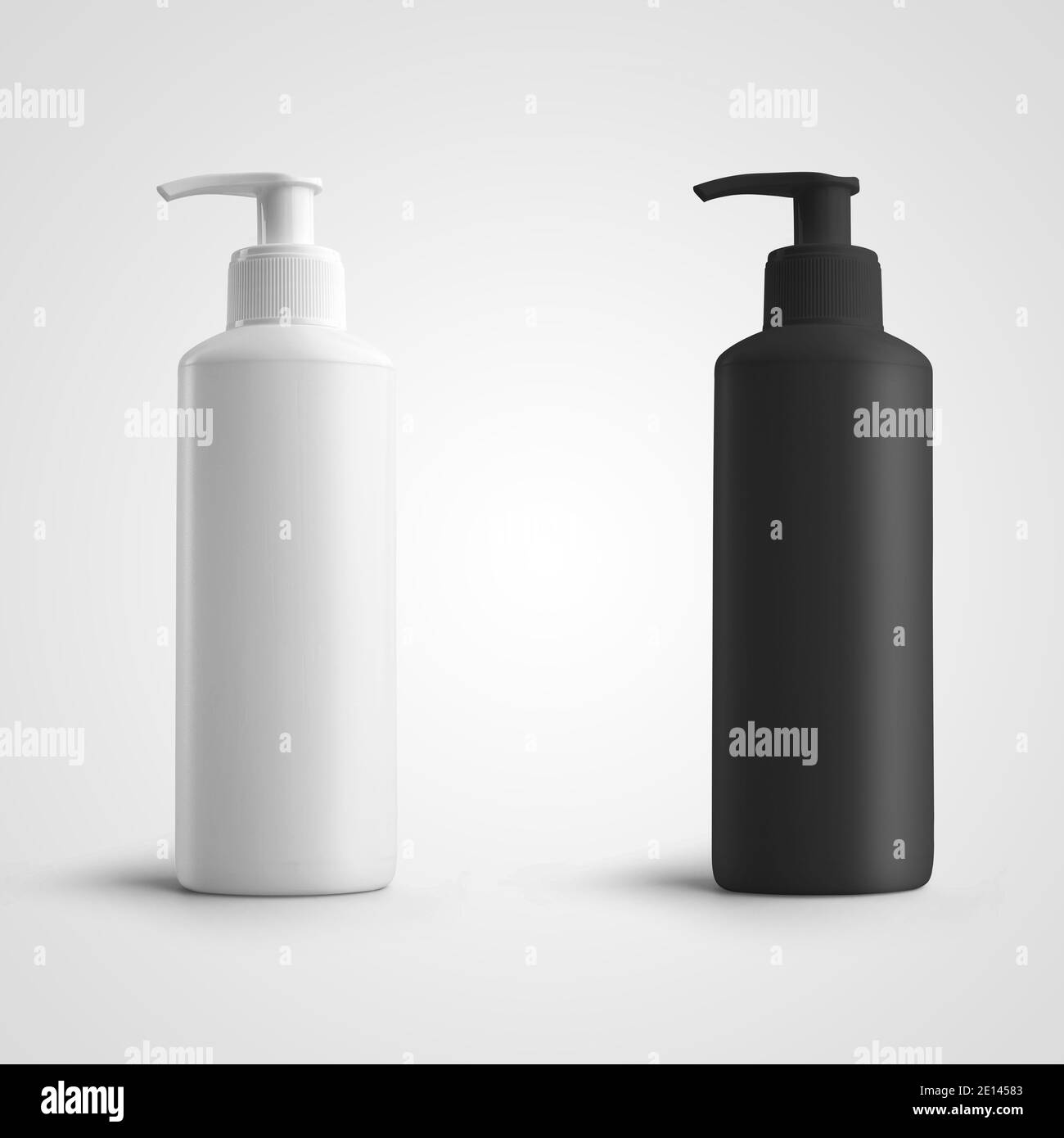 Vaso mockup con dispenser, flacone bianco e nero con pompa, isolato su sfondo. Modello CAN vuoto per la progettazione della presentazione, il modello. Disinfezione Foto Stock