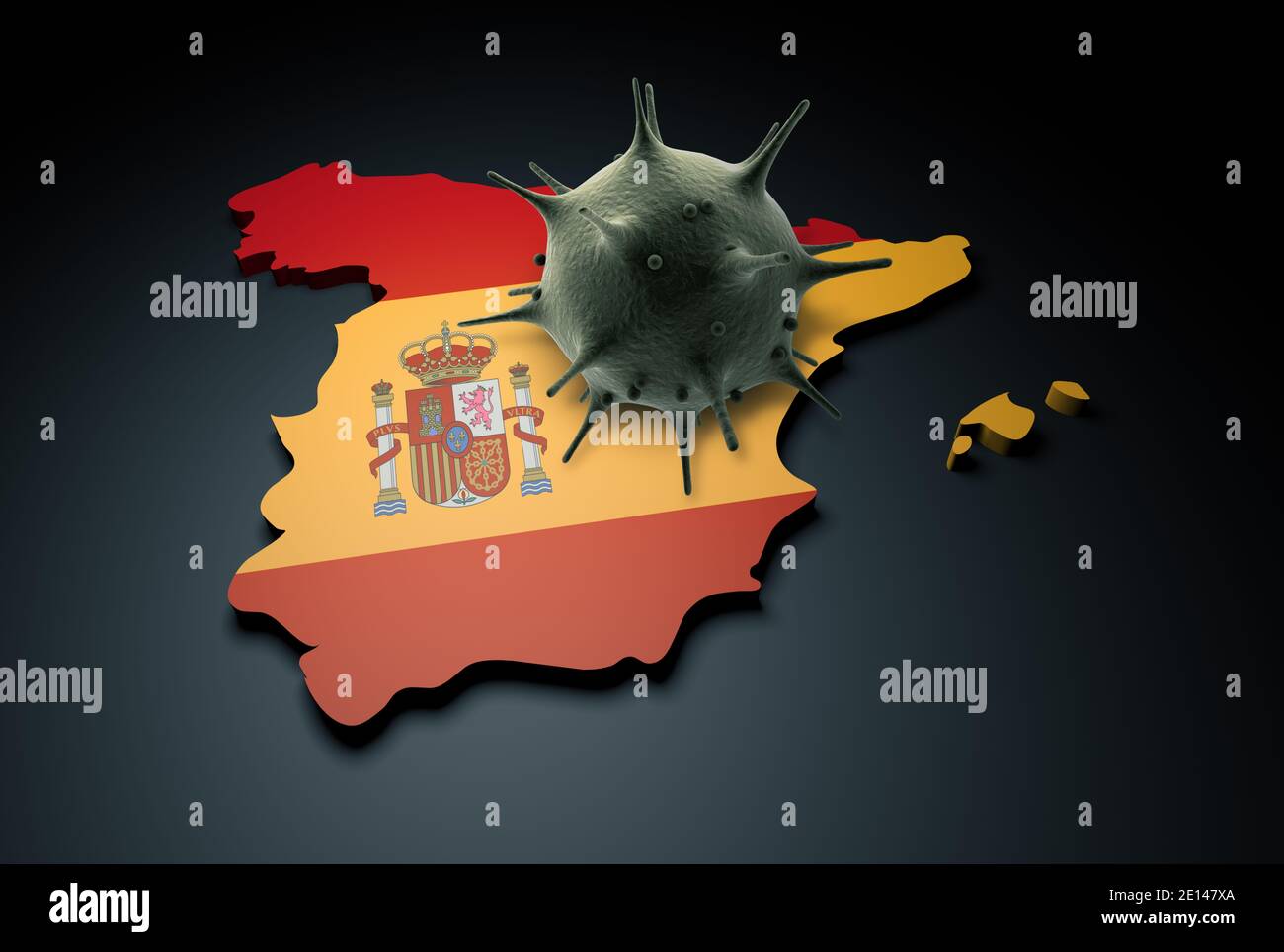 Pandemic COVID-19 3d render Concept: Cellula di coronavirus in Spagna coperta con bandiera spagnola. Rendering 3d concettuale del coronavirus. Foto Stock