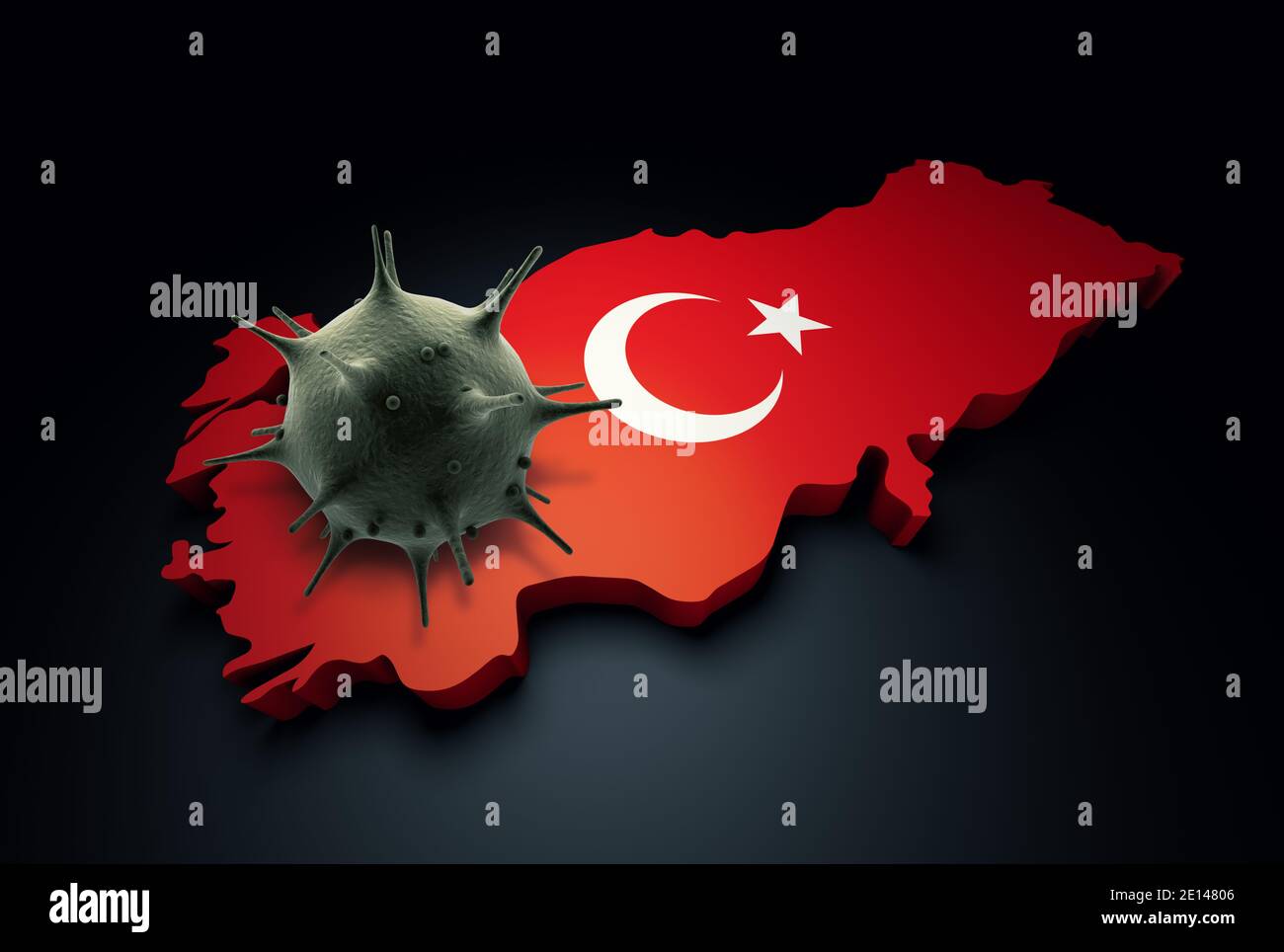 Pandemic COVID-19 3d render Concept: Cellula di coronavirus sulla Turchia coperta con bandiera turca. Rendering 3d concettuale del coronavirus. Foto Stock
