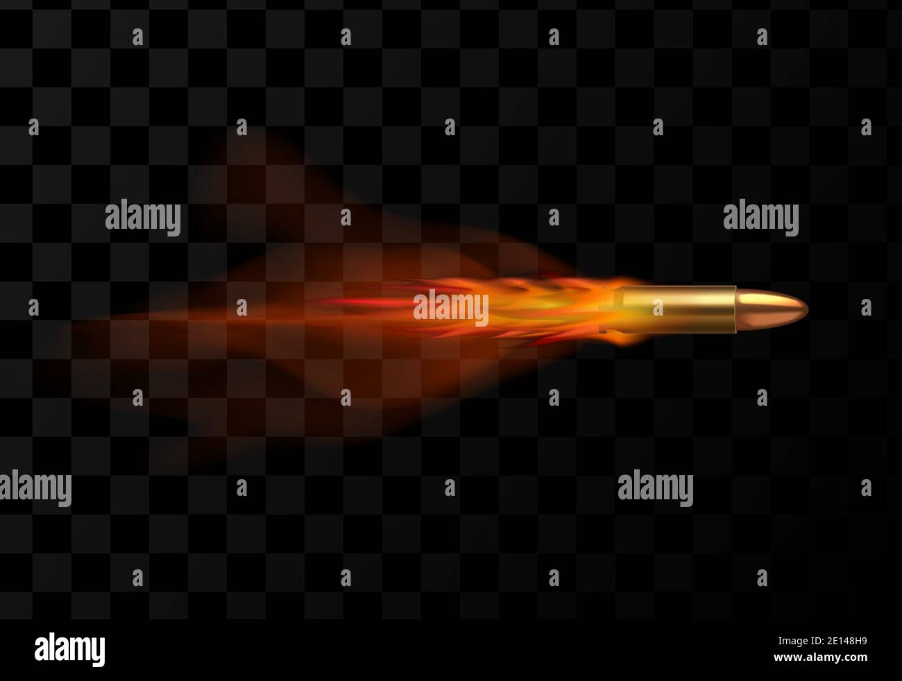 Proiettile volante realistico con percorso rosso di fuoco isolato su sfondo trasparente scuro, illustrazione vettoriale Illustrazione Vettoriale