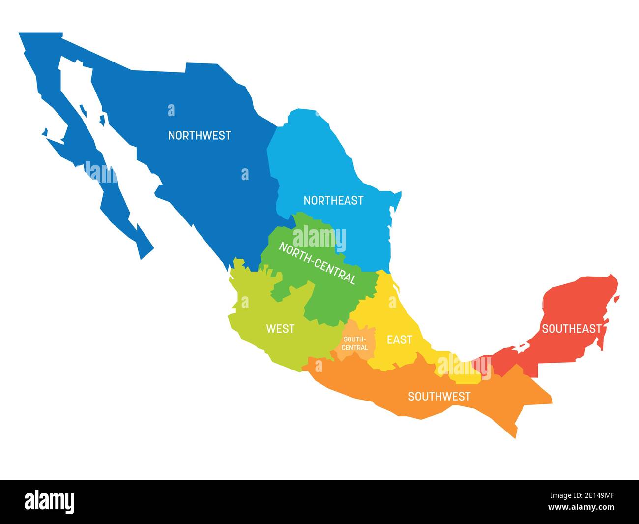 Mappa politica colorata del Messico. Divisioni amministrative - regioni. Semplice mappa vettoriale piatta con etichette. Illustrazione Vettoriale