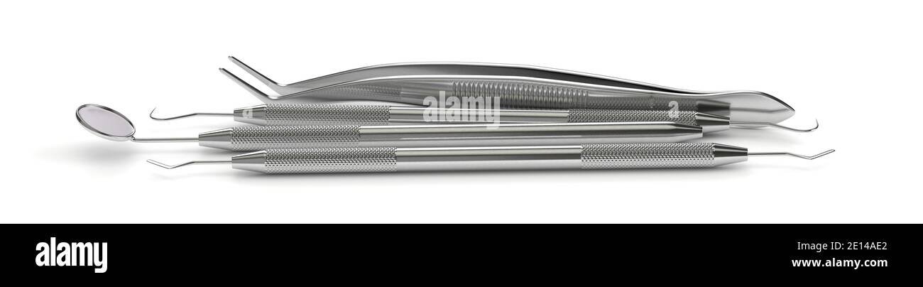 rappresentazione 3d di strumenti diagnostici dentali su sfondo bianco Foto Stock