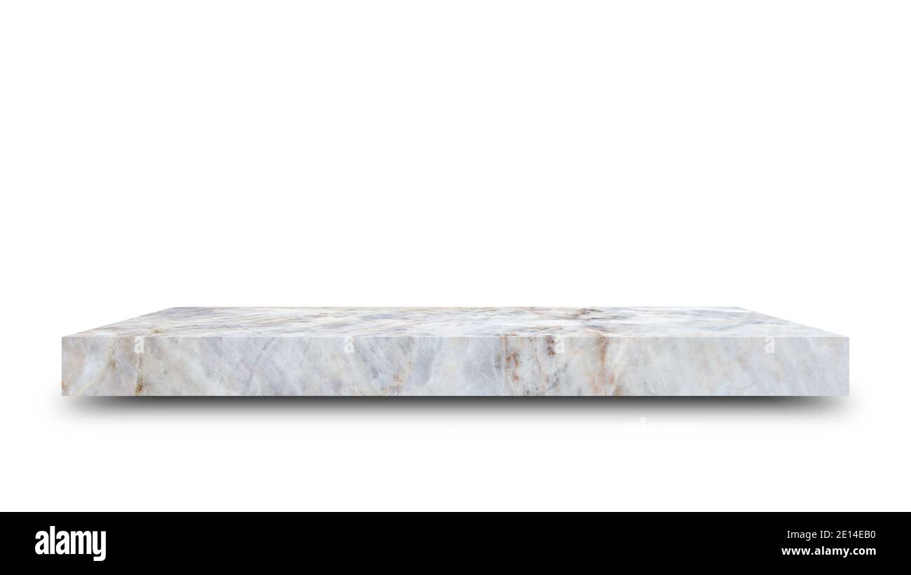 Ripiano in marmo isolato su sfondo bianco e montaggio del display per il prodotto Embed Clipping Path separato con ombre nere. Foto Stock