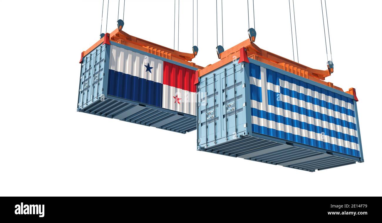 Contenitori merci con bandiere nazionali di Grecia e Panama. Rendering 3D Foto Stock