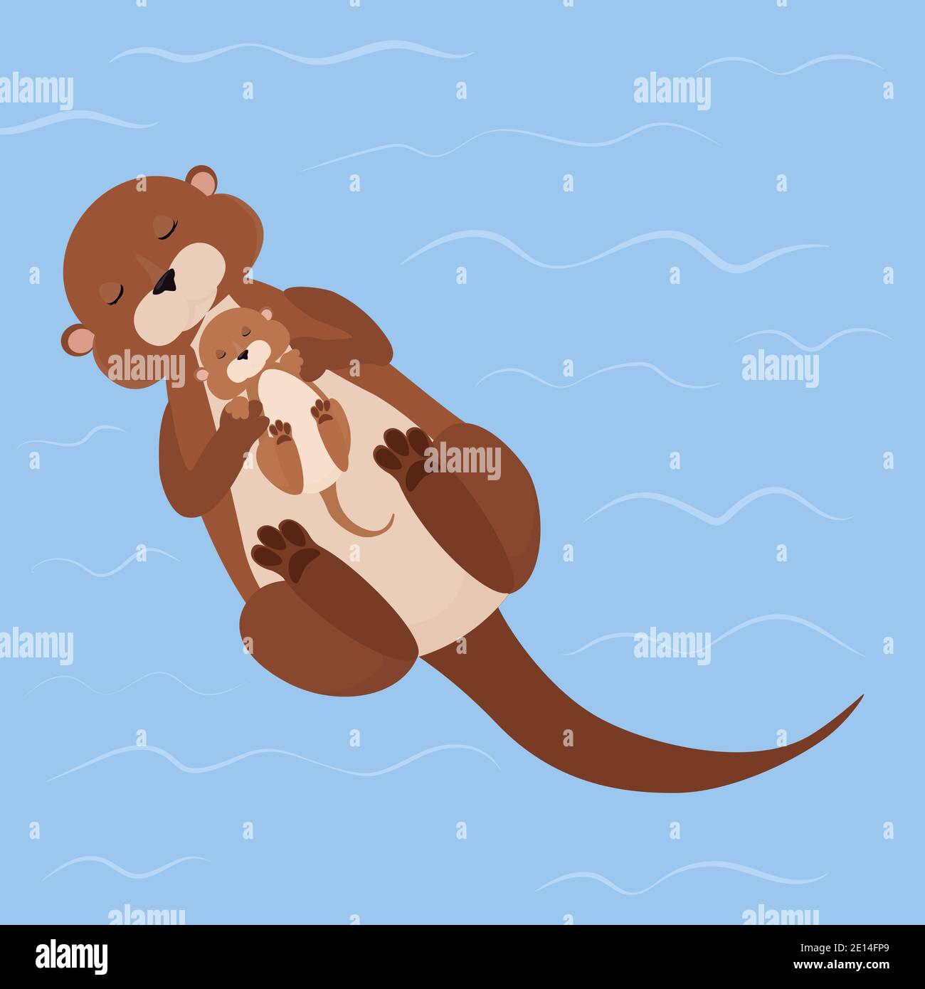 Madre lonter nuota con il suo bambino addormentato cute nel fiume blu. Illustrazione vettoriale dell'animale dell'acqua del cartone animato. Concetto di Festa della mamma. Illustrazione Vettoriale