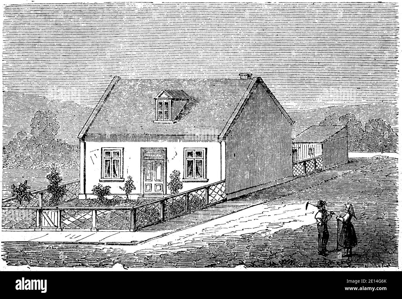 Casa per un migliaio di thalers, un'idea per una casa a buon mercato come abitazione di un lavoratore, nel 1860, German Central-Bauverein, Massoneria / Haus für tausend Taler, eine idee für ein miliardes Wohnhaus als Arbeiterwohnung, im Jahre 1860, deutscher Central-Bauverein, Freimaurertum, Historisch, storico, Riproduzione digitale migliorata di un originale del 19 ° secolo / digitale Reproduktion einer Originalvollage aus dem 19. Jahrhundert, Foto Stock