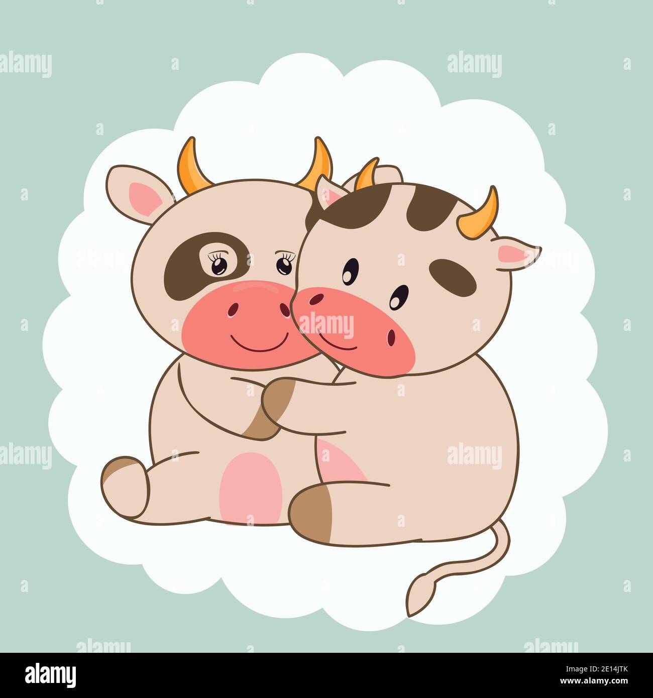 Carino dolce amore cartone animato coppia mucche. Illustrazione Vettoriale