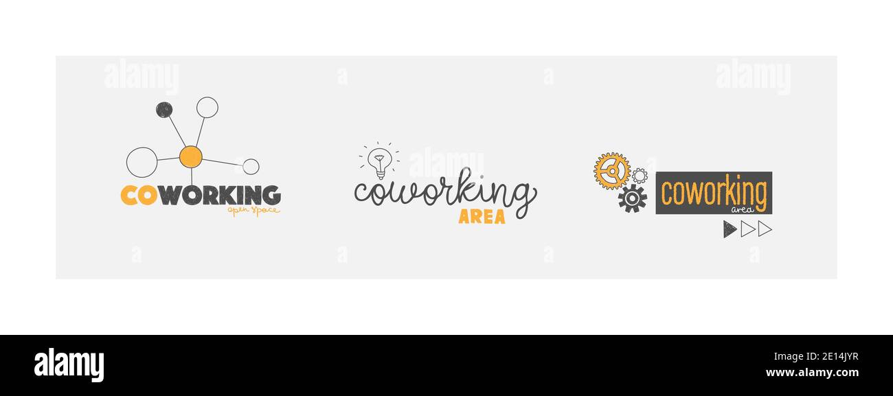 Opzioni logo per il lavoro di colleghi. Lavoro di cooperazione, spazio di lavoro, ufficio di collaborazione. Illustrazioni vettoriali in stile disegnato a mano. Illustrazione Vettoriale