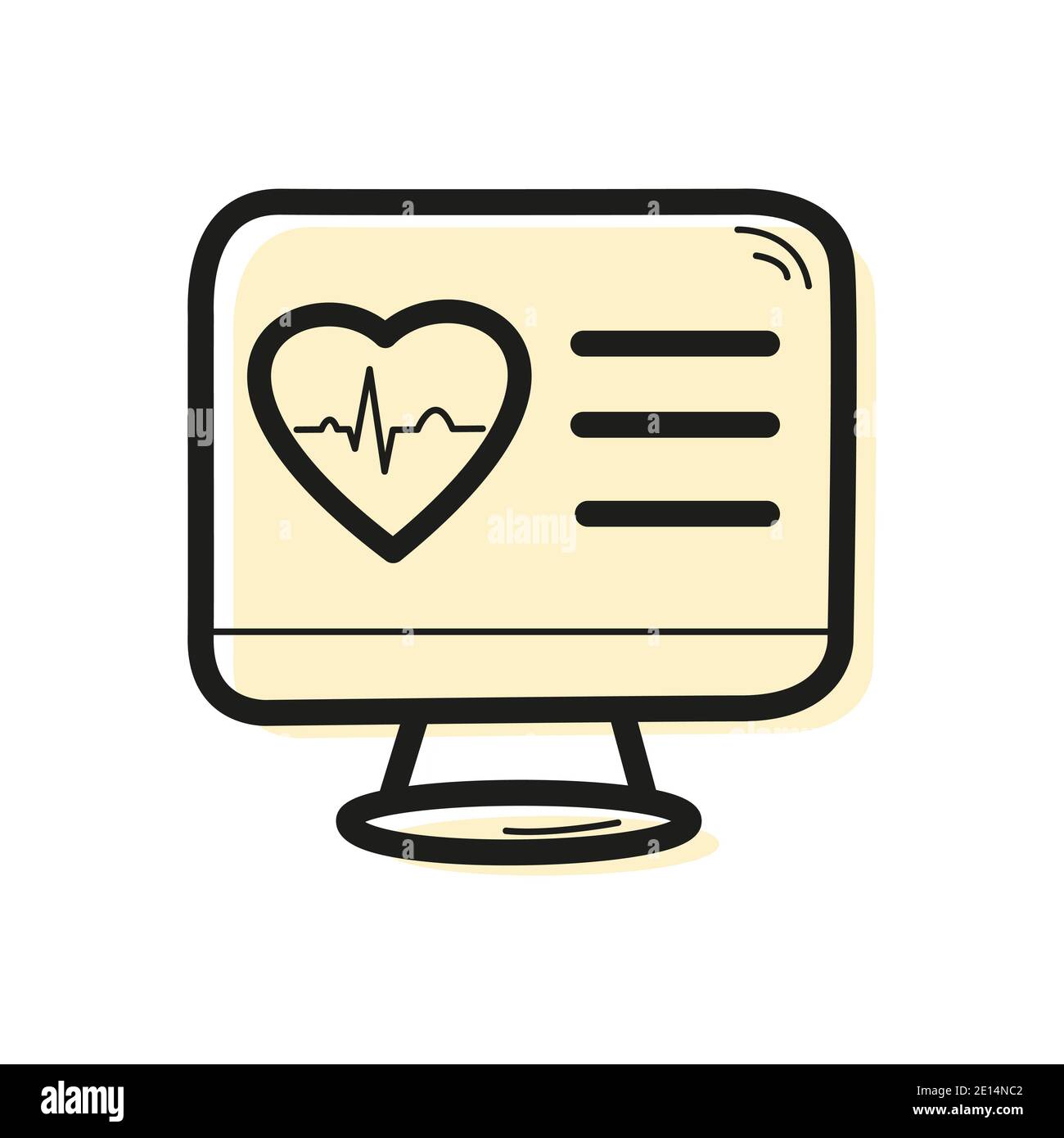 Icona a colori vettoriali lineari sotto forma di monitor per computer con un cuore e un grafico ECG all'interno. Concetto di telemedicina e cardiologia. Illustrazione Vettoriale
