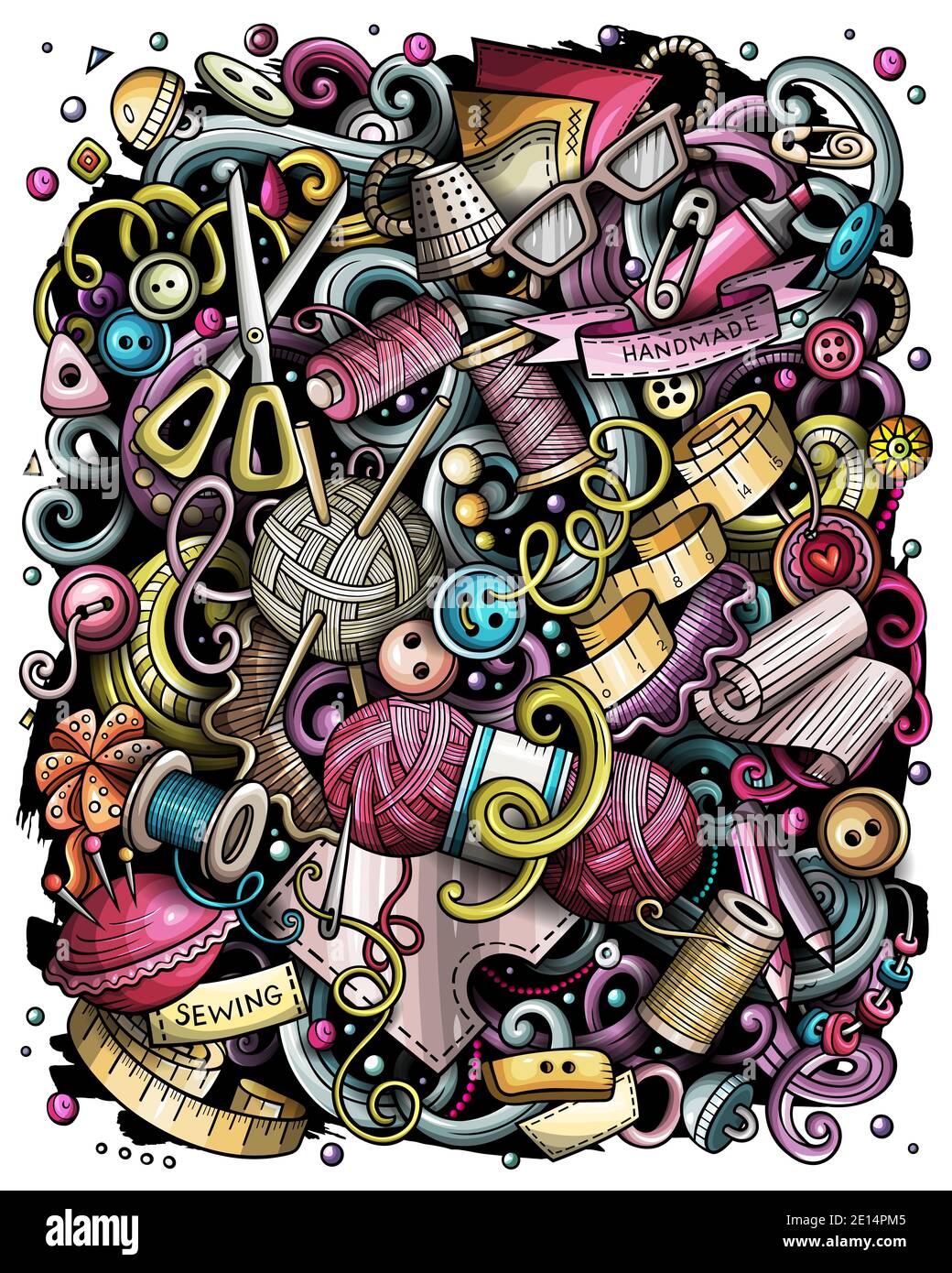 Illustrazione di doodles raster disegnati a mano. Poster realizzato a mano. Foto Stock