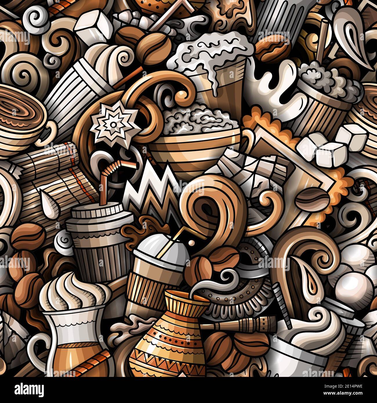 Caffè ghiacciato Doodles disegnati a mano motivo senza cuciture Foto Stock