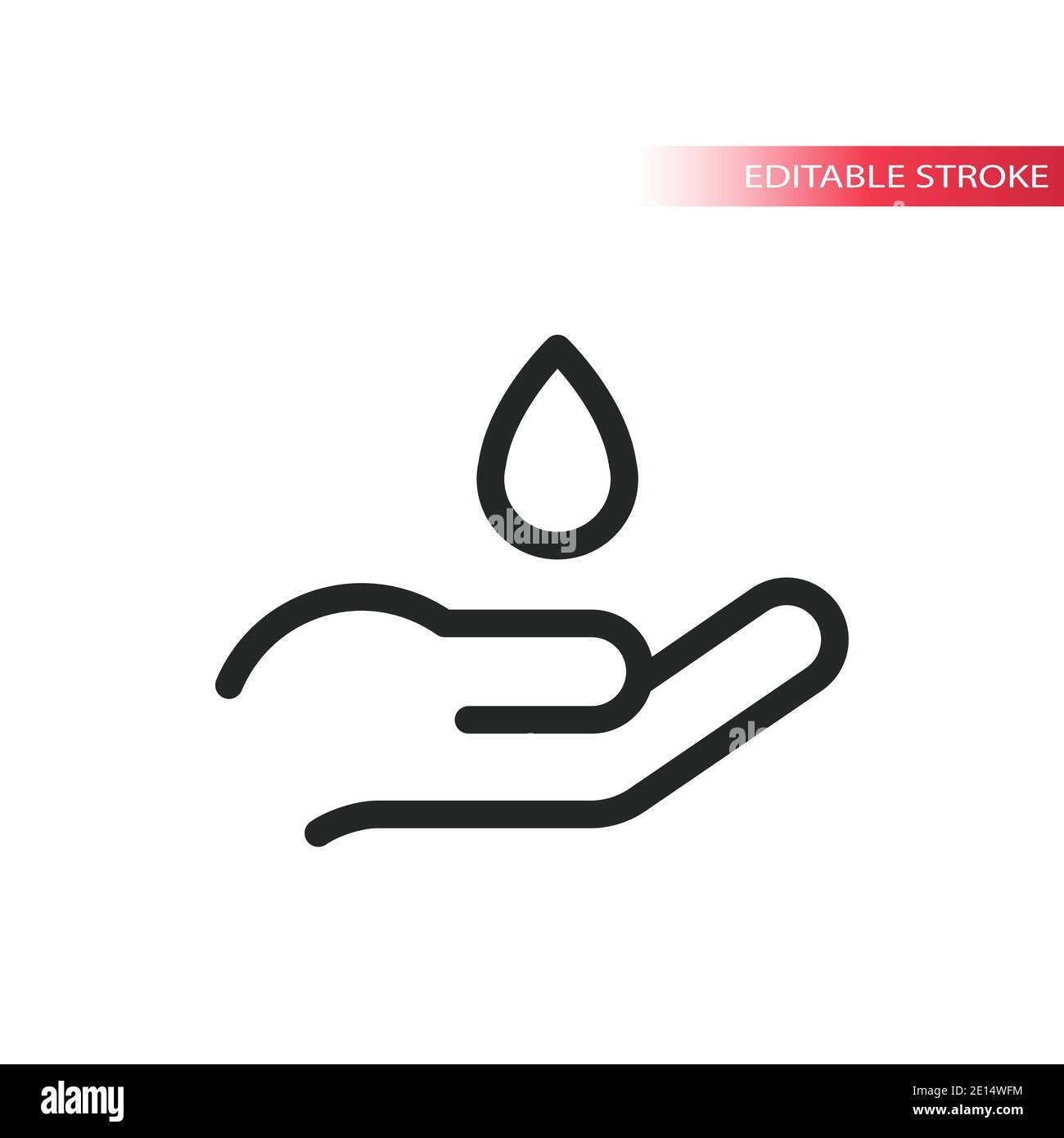 Icona vettore linea sottile dell'igienizzatore manuale. Simbolo di disinfezione delle mani con gocce di liquido. Illustrazione Vettoriale