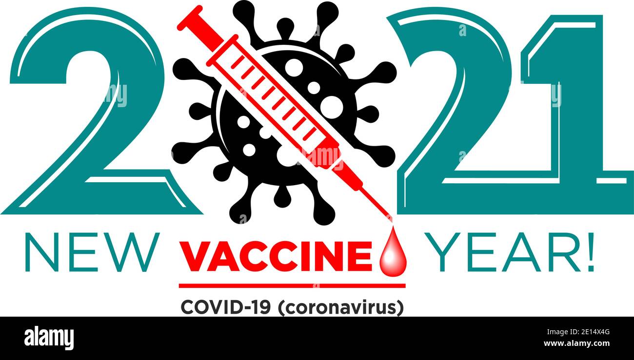 Logo anno nuovo vaccino 2021. Segno del coronavirus attraversato dalla siringa. Arrestare il coronavirus in 2021 concetto vettoriale su sfondo trasparente Illustrazione Vettoriale