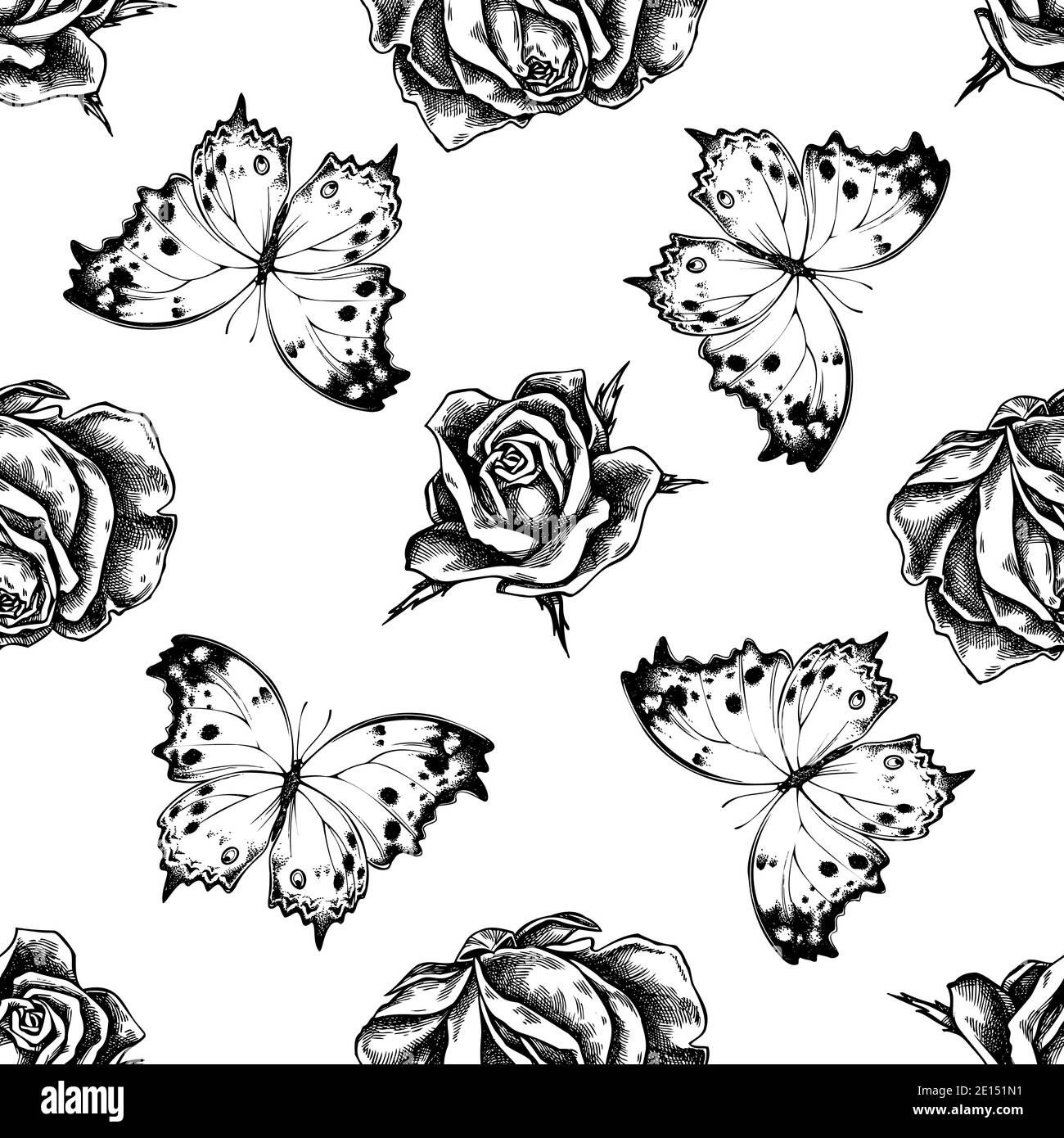 Motivo senza cuciture con rose in madreperla nella foresta bianca e nera Illustrazione Vettoriale