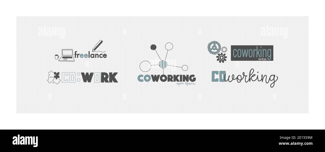 Logo vettoriale per l'ufficio o l'area di lavoro nello stile di disegno a mano. Il concetto di collaboratore e freelance. Illustrazione Vettoriale