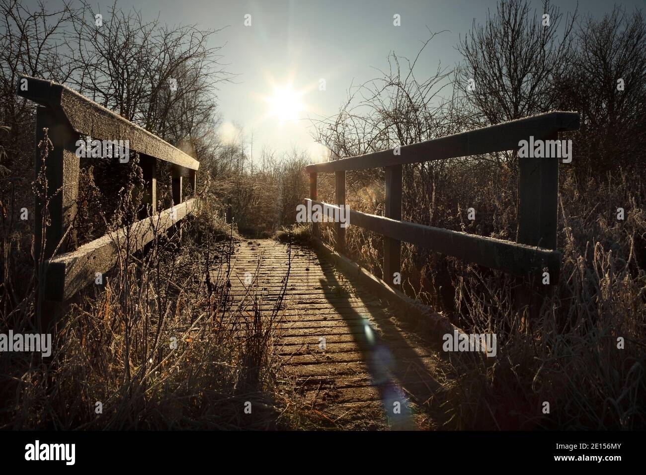 Piccolo ponte di legno sopra fossato di drenaggio agricolo a nord di Kirton in Lindsey, North Lincolnshire, Regno Unito. Foto Stock