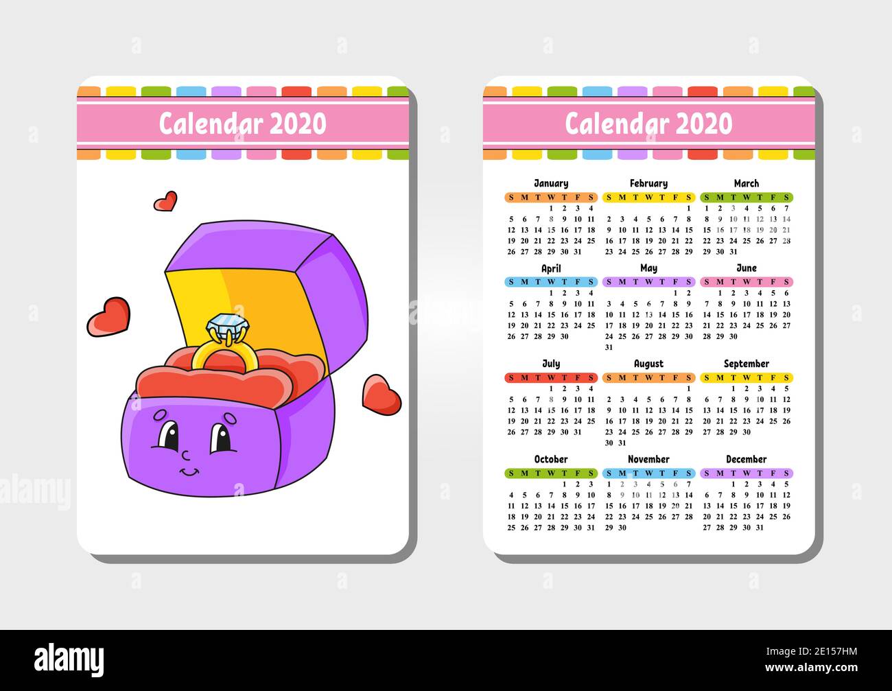 Calendario per il 2020 con un carattere carino. Formato tascabile. Design divertente e luminoso. Illustrazione vettoriale isolata. Stile cartone animato. Illustrazione Vettoriale