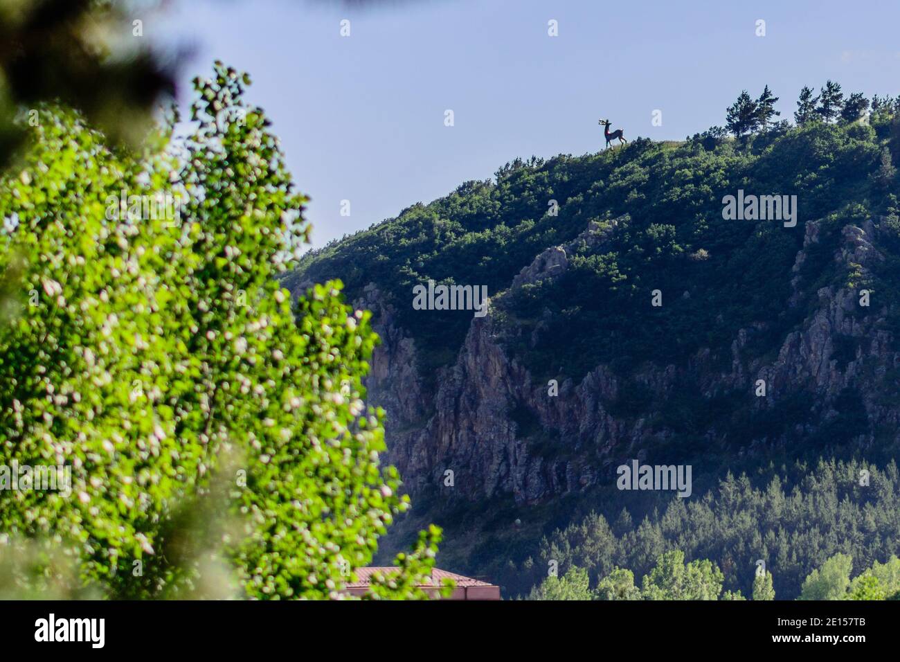 Le scogliere rocciose boscose si innalzano sopra il verde bosco sotto un cielo azzurro Foto Stock