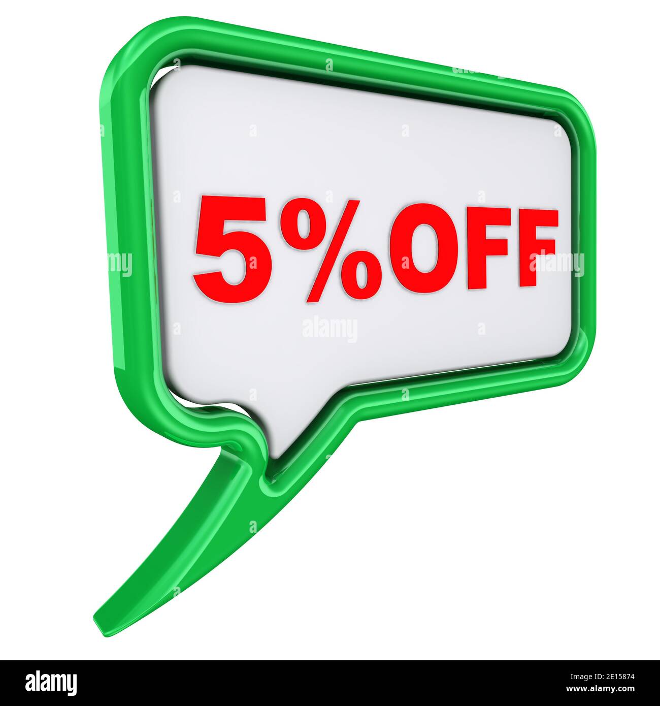 Sconto del 5%. Un fumetto verde etichettato 5% OFF (sconto di cinque percentuali) isolato su sfondo bianco. Illustrazione 3D Foto Stock