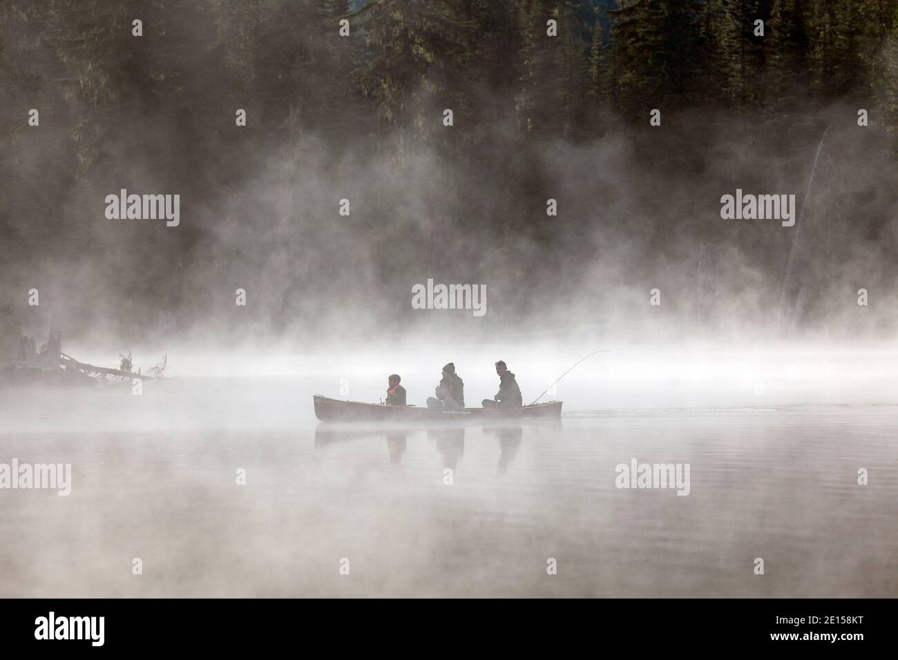 WA17625-00..... WASHINGTON - pesca con nebbia di mattina presto sul lago Horseshoe, Gifford Pinchot National Forest. Foto Stock