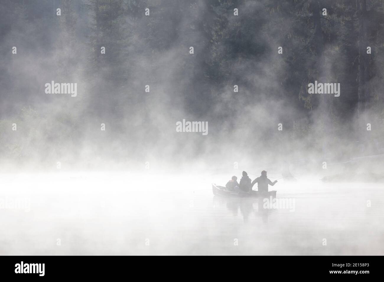 WA17626-00..... WASHINGTON - pesca con nebbia di mattina presto sul lago Horseshoe, Gifford Pinchot National Forest. Foto Stock